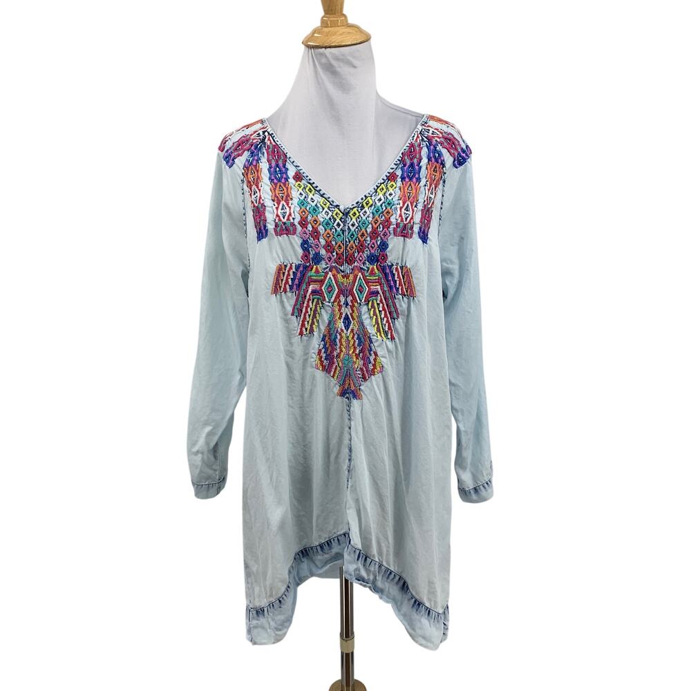 Soft Surroundings Blouse Womens L Large Cloud Mixteca Embroidered Tunic V Neck